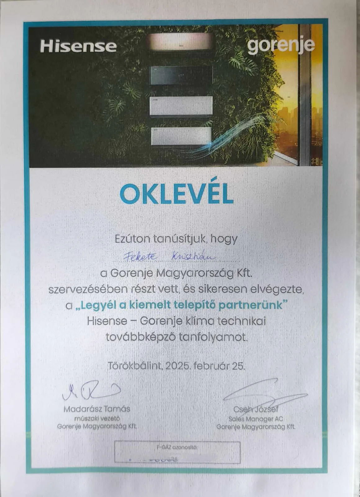 Hisense gyártói tanúsítvány