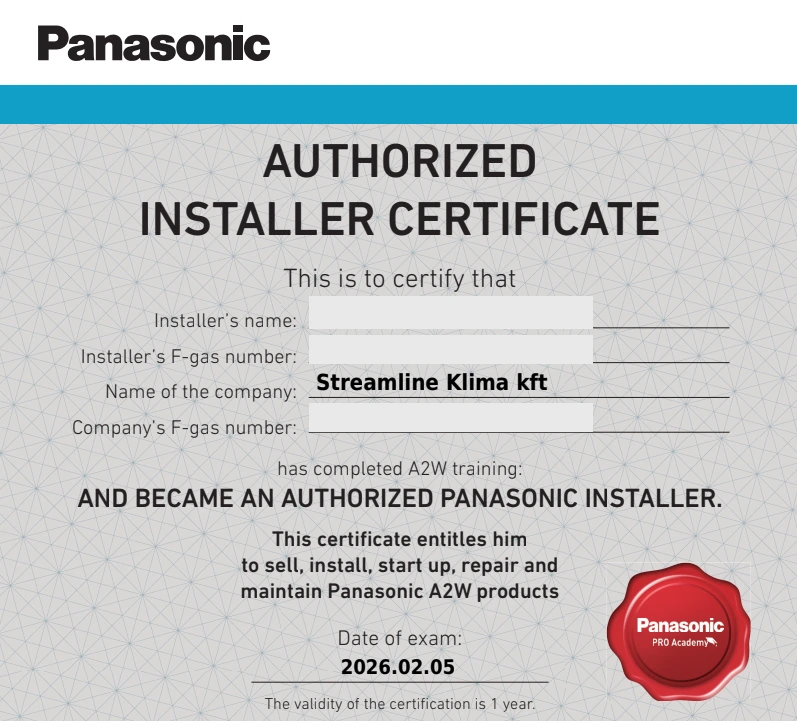 Panasonic beüzemelői tanúsítvány – Streamline Klíma Kft.