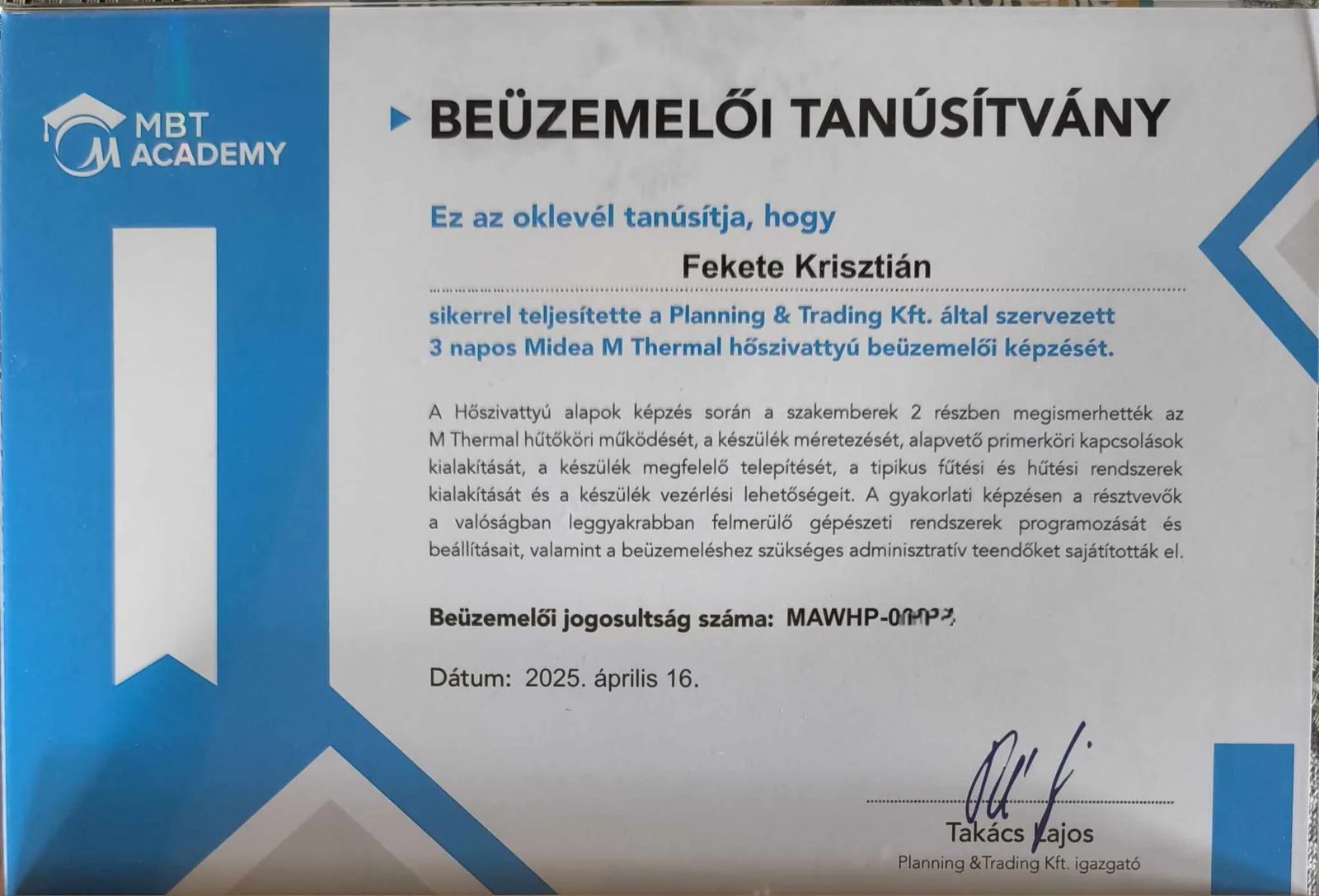 Midea gyártói tanúsítvány